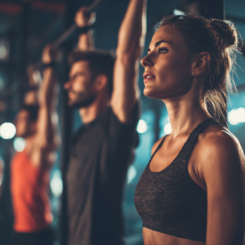 Mosolygó felnőttek különböző korosztályokból Magyarországon, akik együtt edznek egy modern fitness stúdióban